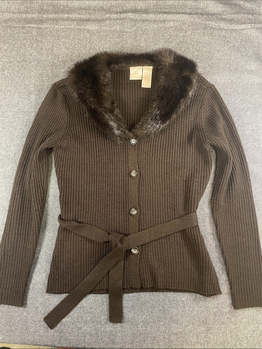 Chocolate Brown Ribbed Button-Front Cardigan with Faux Fur Collar tie waist S